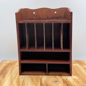 Vintage Wood Mail Sorter Brown Wall Mount Desk Organizer 9x7.5 Office MCM